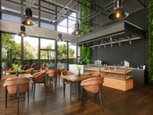 Interior of a coffee shop showcasing seating.