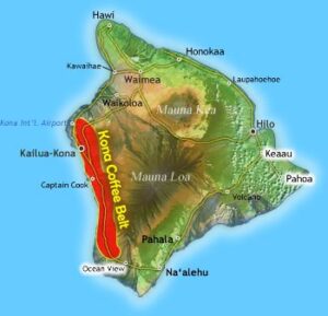 A map of Hawaii's Big Island highlighting the Kona Coffee Belt.